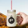Brown&quotP" Christmas Tree Toy Monogram P Frosted Glass Mason Jar With Straw