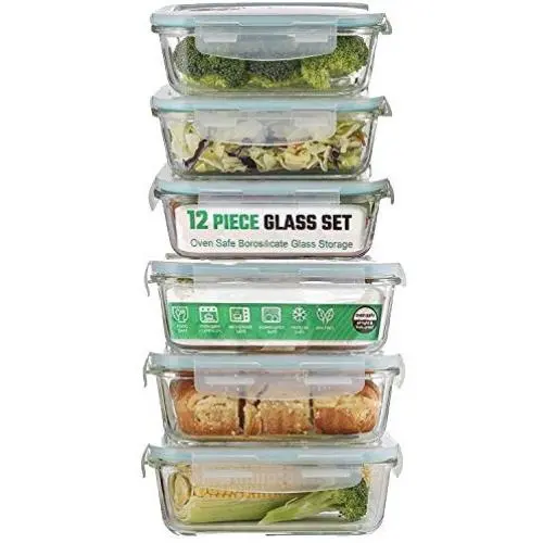 Contenant en verre pour la préparation des repas | 12 pièces | Contenants de stockage alimentaire avec couvercles | Contenants étanches | Contenants Glasslock | Contenants pour la préparation de repas et déjeuners | Sans BPA