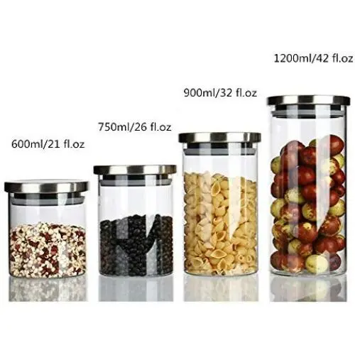 Keypro Set von 4 Stapelbaren Glasbehälter, Bleifreies Borosilikatglas, mit Edelstahldeckel, für Tee, Nüsse, Gewürze und Kaffeebohnen Aufbewahrung