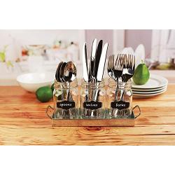 Mason Jar Flatware Caddy, Utensil Holder with Black Chalk Label on Galvanized Tray, Cutlery Organizer, Home and Party Drinkware Set
