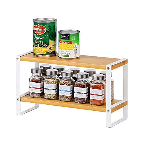 Counter Shelf Wooden, 2-Tier Small Kitchen Bathroom Countertop Organizer Storage Shelves Rack for Spice Jars Bottle Makeup