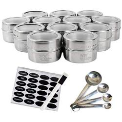 NH-Kitchen Stainless Steel Magnetic Spice Tins: 12-Piece Round Set with Shaker Lids for Herbs & Seasonings + BONUS 4 Measuring Spoons, 24 Labels & Pen