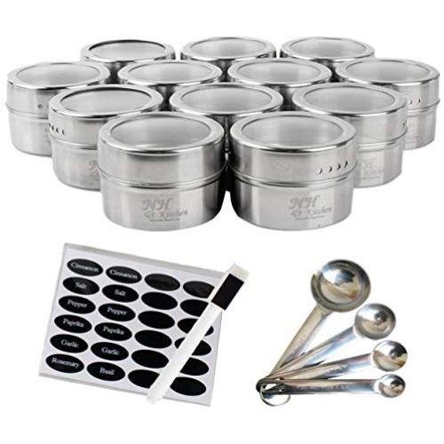 NH-Kitchen Stainless Steel Magnetic Spice Tins: 12-Piece Round Set with Shaker Lids for Herbs & Seasonings + BONUS 4 Measuring Spoons, 24 Labels & Pen