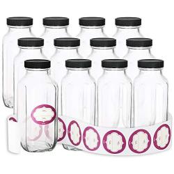 Pack of 12-16 Oz French Square Glass Jars w/Labels, Bottles with Lids, Great for Kombucha, Herbs, Spices, and Juice for Organization and Storage In Kitchen, Pantry, Garage or Workplace, Large Size