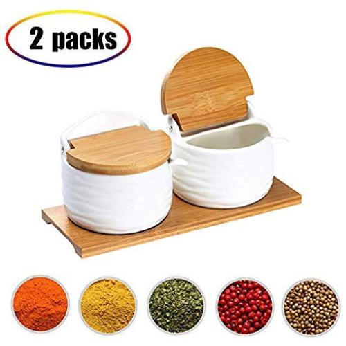 Ceramic Food Storage Spice Containers Bamboo Lid Porcelain Jar- Canister Sugar Bowl Serving Tea Coffee Spice Nuts White