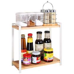 Garwarm 2-Tiers Kitchen Natural Wooden Spice Rack/Standing Rack/Kitchen Bathroom Bedroom Countertop Storage Organizer Spice Jars Bottle Shelf Holder Rack