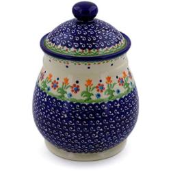 Polish Pottery Jar with Lid and Handles 8-inch Spring Flowers