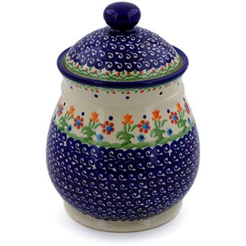 Polish Pottery Jar with Lid and Handles 8-inch Spring Flowers