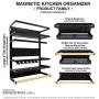 Magnetic Fridge Spice Rack Organizer (Large with 6 Utility Hooks) - 4 Tier Mounted Storage, Paper Towel Roll Holder, Multi Use Kitchen Shelf, Pantry Wall, Laundry Room, Dorm, Garage... [Matte Black]