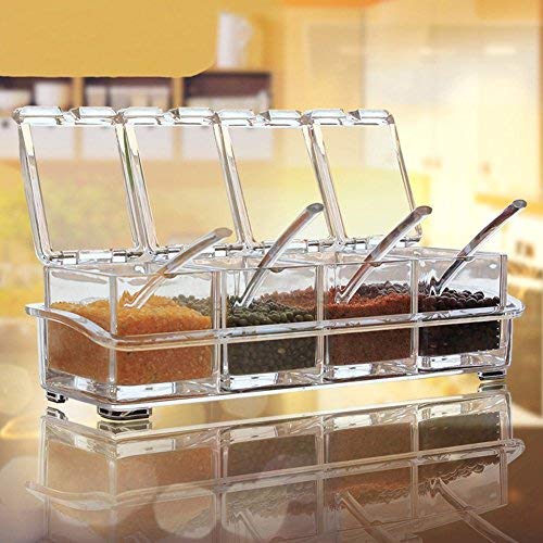 Clear Seasoning Rack Spice Pots by AIQI - 4 Piece Acrylic Seasoning Box - Storage Container Condiment Jars - Cruet with Cover and Spoon