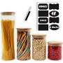 Canister Set of 4 | Glass Jars with Airtight Bamboo Lids | Kitchen Canisters for Food Storage | Ideal as Pasta, Cereal, Coffee, Flour, Sugar Container for Pantry | Bonus 48 Labels and Marker