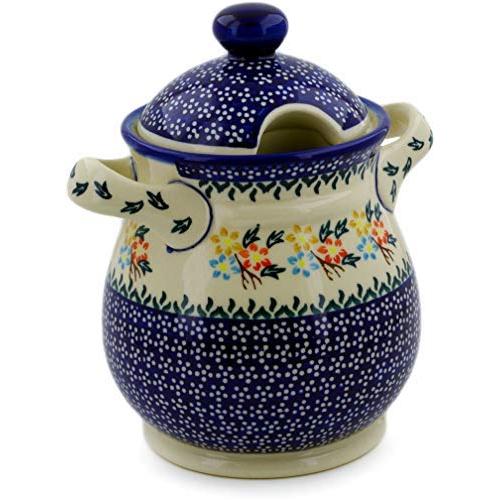 Polish Pottery 8-inch Jar with Lid and Handles (Spring Flower Ring Theme) + Certificate of Authenticity