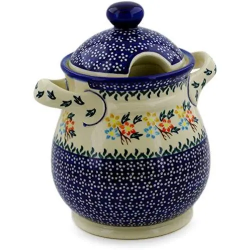Poltieren-Glasvase mit Deckel und Henkel (Miederblumen-Ring-Motiv) + Echtheitszertifikat