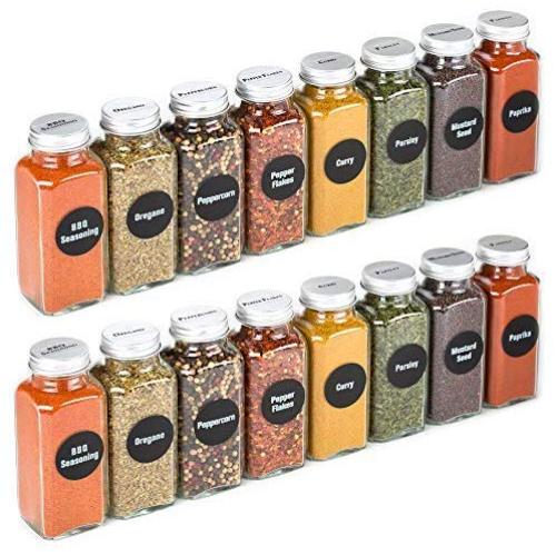 8 Extra Large, 8oz, BEST VALUE, Glass Spice Jars with 113 PVC Clear, plus 126 pre-printed Spice Chalkboard Labels. 8 Square Empty Jars, Airtight Cap, Pour/Sift Shakers