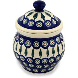 Polish Pottery 6?-inch Jar with Lid (Peacock Leaves Theme) + Certificate of Authenticity