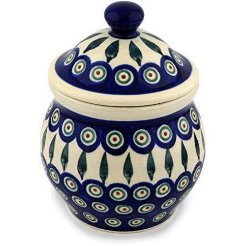 Polish Pottery 6?-inch Jar with Lid (Peacock Leaves Theme) + Certificate of Authenticity