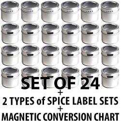 24 Magnetic Spice Tins & 2 Types of Spice Labels, Authentic by Talented Kitchen. 24 Storage Spice Containers, Window Top w/Sift-Pour. 113 Clear & 126 Chalkboard Stickers. Rack Magnetic On Refrigerator