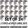 24 Magnetic Spice Tins & 2 Types of Spice Labels, Authentic by Talented Kitchen. 24 Storage Spice Containers, Window Top w/Sift-Pour. 113 Clear & 126 Chalkboard Stickers. Rack Magnetic On Refrigerator