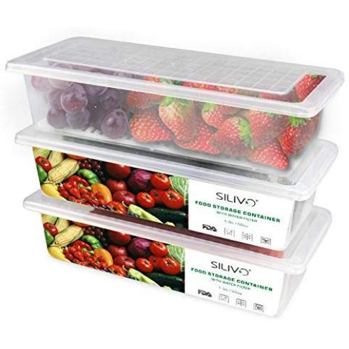 Food Storage Containers, 3 x 1.5L Fridge Organizer Case with Removable Drain Plate, Tray to Keep Fruits, Vegetables, Meat, Fish etc. Out of The Drippings