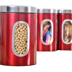 Szs 3pcs Stainless Steel Window Canister Tea Coffee Sugar Nuts Jar Storage Set Red Frane Storage Setee Drawers Kitchen Sugar Flour Closet Food Microwave Cereal Glass Bl