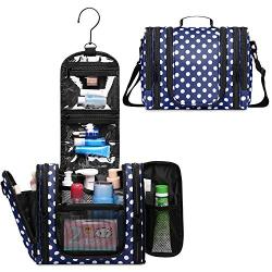 WANDF Expandable Toiletry Bag Hanging Dopp Kit TSA Approved Bottles Water-Resistant Bathroom Bag for Men Women Water-resistant (Navy Blue Polka Dots)