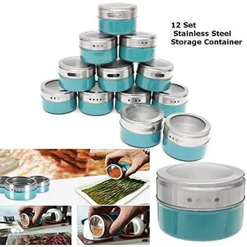 Bouteilles d'épices magnétiques 12 pièces en acier inoxydable, contenants de condiments de cuisine, boîtes de rangement transparentes, ustensiles de cuisine (Bleu) Bouteilles d'épices magnétiques 12 pièces en acier inoxydable, contenants de condiments de cuisine, boîtes de rangement transparentes, ustensiles de cuisine (Bleu)