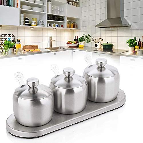 Hasde Kitchen Stainless Steel Seasoning Containers Set Spice Jar Spice Rack Condiment Cruet Bottle Salt Pepper Sugar Storage Organizers with 3 Serving Spoons and Non-Slip Base