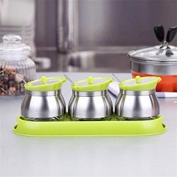 Simonshop 3pcs/set Glass Seasoning Box Kitchen Supplies Jar Set Spice Boxes with Tray and Spoons (green)