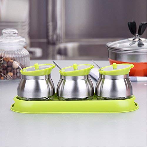 Simonshop 3pcs/set Glass Seasoning Box Kitchen Supplies Jar Set Spice Boxes with Tray and Spoons (green)