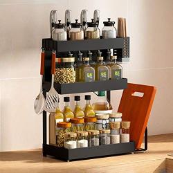 3-Tier Spice Rack Standing Kitchen Countertop Storage Organizer, Spice Bottle Jars Rack Holder Knife Utensil Cutting Board Holders -Space Saving Seasoning Shelf Holder, Black (3 Lengths for Choice)