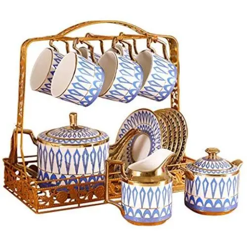 Englischer Porzellan-Kaffeetasse und -Sets mit Espresselöffel, 16-teiliges Set mit Teekanne, Milchkanne, Zuckerbehälter und Aufbewahrungskorb mit Goldrand.