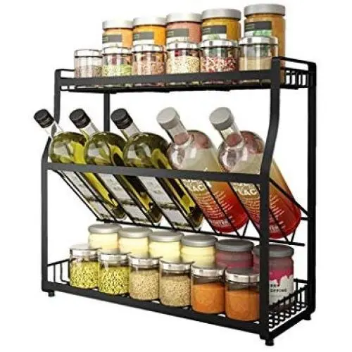 3-Tier Spice Rack,Organizer Rack,Bathroom Countertop Organizer Kitchen Cupboard Condiments Spices, Herbs,Jar,Bottle Standing Storage Organizer, Non-Slip Mat (Color : Black, Size : 35 x 18 x 41 cm)