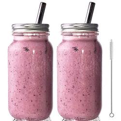 Smoothie Cups Mason Drinking Jar Regular Mouth Glass Mason Jars 24oz Smoothie Cups with Lid and Stainless Steel Straw (2-Silver) 100% Eco Friendly by Jarming Collections (2, 24oz)