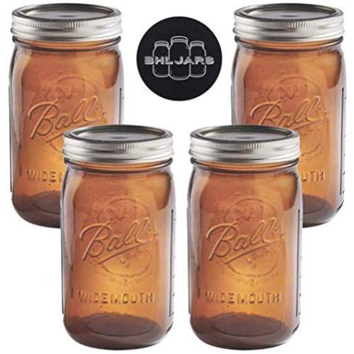 Ball Mason Jars 32 oz Wide Mouth Amber Colored Glass Bundle with Non Slip Jar Opener- Set of 4 Quart Size Mason Jars - Canning Glass Jars with Lids