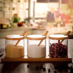 Creative Transparent Glass Kitchen Spice Jar Three-piece Seasoning Storage Tank Seasoning bottles Dispensing Bottle Box Salt