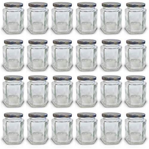 4 oz Hexagon Mini Glass Jars with Silver Lids and Labels (Pack of 24)