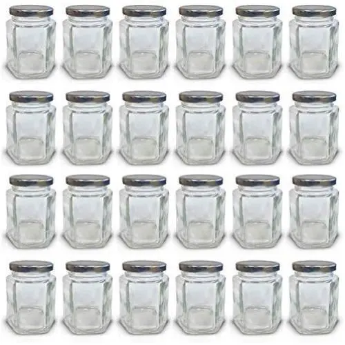 6 oz Hexagon Mini Glasbehälter mit Silberverschlüssen und Etiketten (Pack von 24)