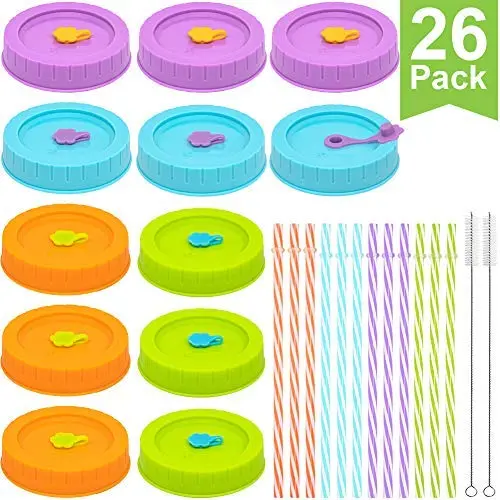 [26 Stück] Kunststoff WEIT AUFHÄNGIGE Mason Jar-Dichtungen für Ball, Kerr usw. mit Strohlöcher/Stroh/Silikonringe/Stopfen/Sauberer Pinsel, lebensmittelechte farbige Mason/Einmachglas-Deckel für Trinken/Lebensmittelaufbewahrung