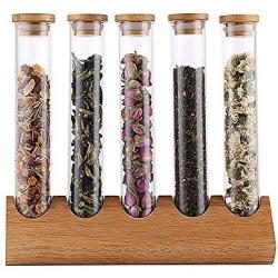 HOUSHIYU-521 Glass Food Storage Jars with Airtight Lid and Bamboo Wood Stand, Food Storage Canister for Tea, Sugar, Coffee Bean - Keep Food Dry and Fresh,5holes