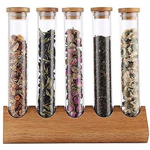 HOUSHIYU-521 Glass Food Storage Jars with Airtight Lid and Bamboo Wood Stand, Food Storage Canister for Tea, Sugar, Coffee Bean - Keep Food Dry and Fresh,5holes