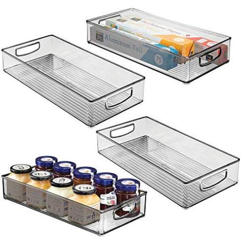 mDesign Plastic Stackable Kitchen Pantry Cabinet, Refrigerator or Freezer Food Storage Bin with Handles - Organizer for Fruit, Yogurt, Snacks, Pasta - BPA Free, 16" Long, 4 Pack - Smoke Gray
