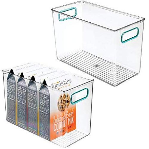 mDesign Plastic Food Storage Container Bin with Handles - for Kitchen, Pantry, Cabinet, Fridge/Freezer - Organizer for Snacks, Produce, Vegetables, Pasta - BPA Free, Food Safe - 2 Pack - Clear/Blue
