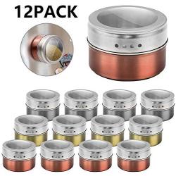 Magnetic Spice Tins, 12 Spice Jars, Organizer Storage with Spice Labels, 3 Colors Condiment Container, Clear Lid Kitchen Condiment Holder, Measuring Spoons & Sift Pour