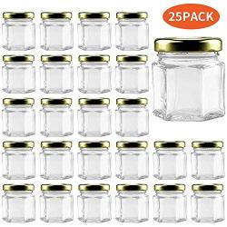 Small Mason Jars,Woaiwo-q 1.5oz Small Glass Jars Mini Honey Jars Clear Hexagon Jars with Lids(Gold,25Pack)