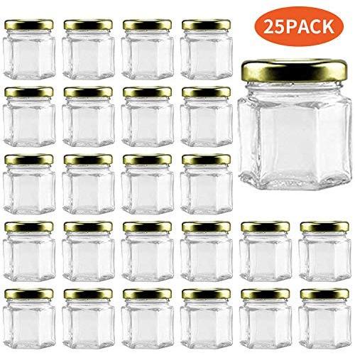 Small Mason Jars,Woaiwo-q 1.5oz Small Glass Jars Mini Honey Jars Clear Hexagon Jars with Lids(Gold,25Pack)