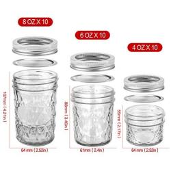 VERONES Mason Jars Canning Jars, Jelly Jars With Regular Lids, Ideal for Jam, Honey, Wedding Favors, Shower Favors, Baby Foods, DIY Magnetic Spice Jars, 4 OZ x 10, 6 OZ x 10, 8 OZ x 10