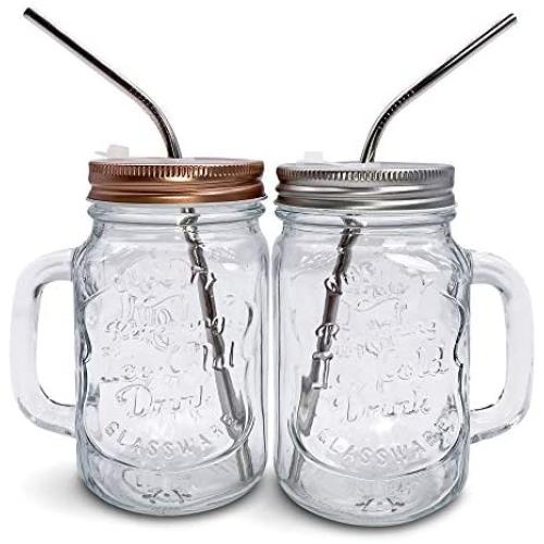 Glas Mason Jar Tassen mit Griff, Regular Mouth Farbverschlüsse mit 2 wiederverwendbaren Edelstahl Strohhalmen, Set von 2 (Silber und Roségold), Küchengläser 16 oz, „Erfrischend Eisgekühltes Getränk“ & Geschirrspülergeeignet