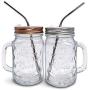 Glas Mason Jar Tassen mit Griff, Regular Mouth Farbverschlüsse mit 2 wiederverwendbaren Edelstahl Strohhalmen, Set von 2 (Silber und Roségold), Küchengläser 16 oz, „Erfrischend Eisgekühltes Getränk“ & Geschirrspülergeeignet