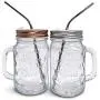 Mason Jar Mugs with Handle, Regular Mouth Colorful Lids with 2 Reusable Stainless Steel Straw, Set of 2 (Silver and Rose Gold), Kitchen GLASS 16 oz Jars,''Refreshing Ice Cold Drink'' & Dishwasher Safe