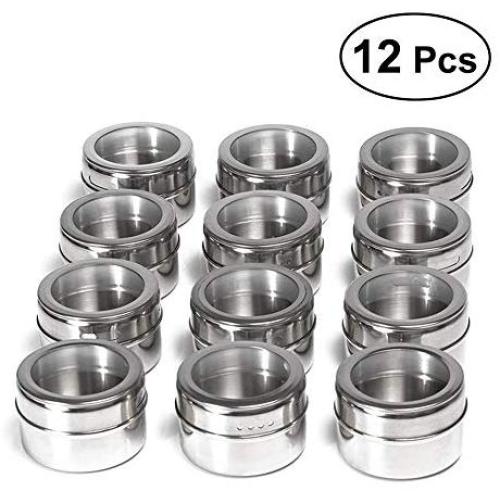 Magnetic Spice Tins Set with Clear Top Lid, 12 PCS Stainless Steel Multi-Purpose Round Storage Containers Jars with Sift and Pour, Magnetically Stick on Refrigerator and Grill